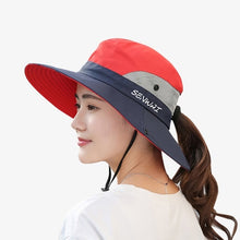 Load image into Gallery viewer, Outdoor Hiking Wide Brim Bucket Hat Women Quick Drying Breathable Packable Sunshade UV-proof Ponytail Cap With Chain Strap
