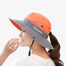 Load image into Gallery viewer, Outdoor Hiking Wide Brim Bucket Hat Women Quick Drying Breathable Packable Sunshade UV-proof Ponytail Cap With Chain Strap