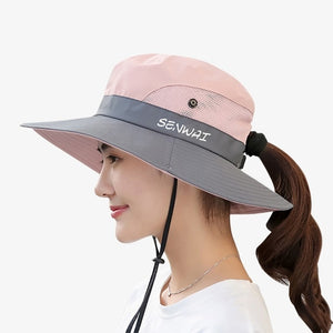 Outdoor Hiking Wide Brim Bucket Hat Women Quick Drying Breathable Packable Sunshade UV-proof Ponytail Cap With Chain Strap
