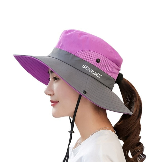 Outdoor Hiking Wide Brim Bucket Hat Women Quick Drying Breathable Packable Sunshade UV-proof Ponytail Cap With Chain Strap