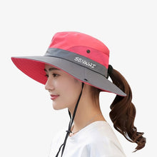 Load image into Gallery viewer, Outdoor Hiking Wide Brim Bucket Hat Women Quick Drying Breathable Packable Sunshade UV-proof Ponytail Cap With Chain Strap