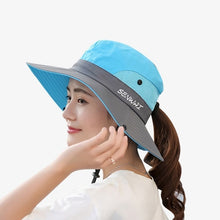 Load image into Gallery viewer, Outdoor Hiking Wide Brim Bucket Hat Women Quick Drying Breathable Packable Sunshade UV-proof Ponytail Cap With Chain Strap